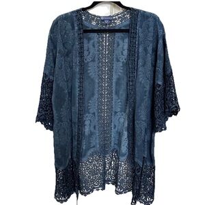 Democracy Blue Crochet Embroidered Lace Kimono Cardigan S/M Boho Lagenlook